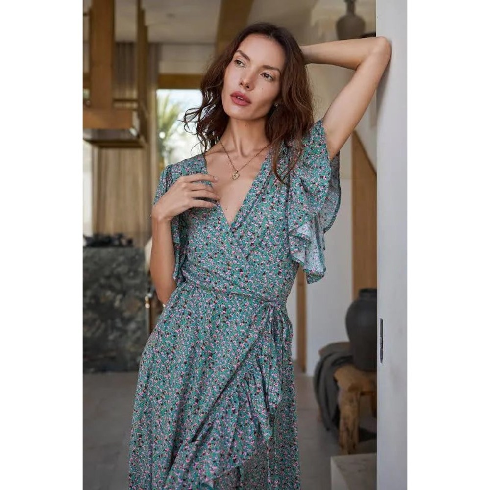 ♾️Bali ELF Rayon Green Fields Carmen Wrap Maxi Dress Boho Festival Ruffle Lg♾️ - Picture 6 of 12